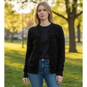Charlotte Tarantola Zip Up Ruffle Cardigan Sweater Womens Medium Black Striped
